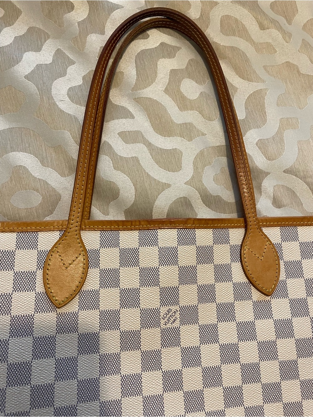 AUTH Louis Vuitton Damier Azur Canvas Neverfull MM Tote - White & Tan & gray - Picture 4 of 16